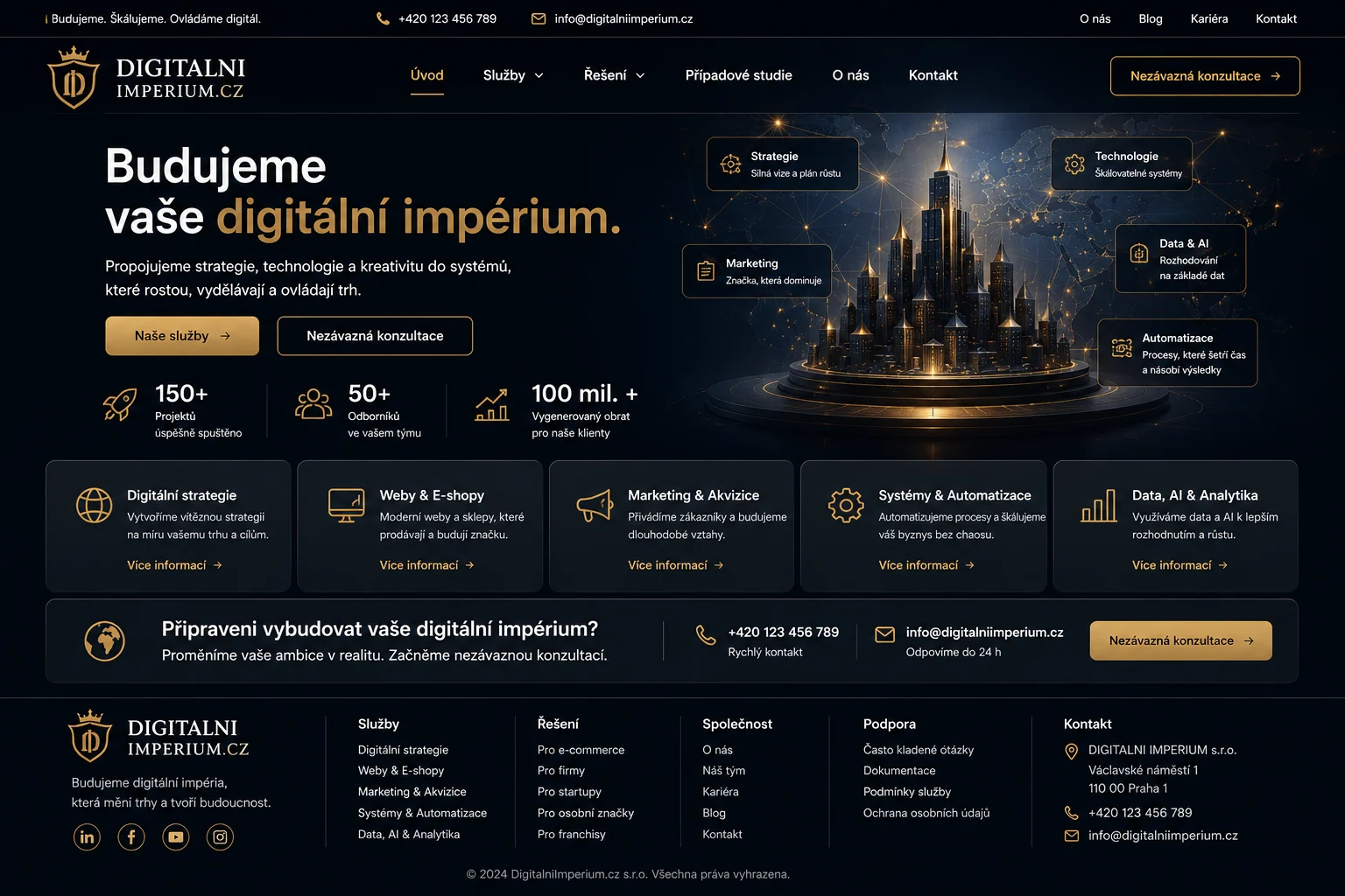 Ilustrační tmavý web DigitalniImperium.cz se zlatými akcenty a městským motivem